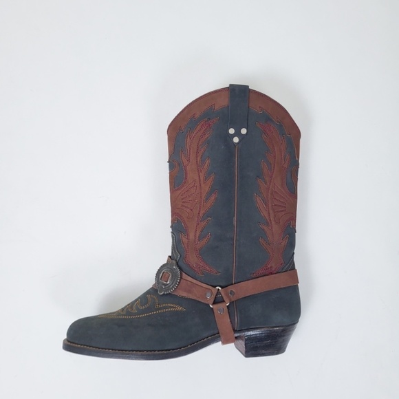 Vintage Two-Tone Cowboy Boots harness buckle black brown heel western cowgirl - Picture 3 of 12